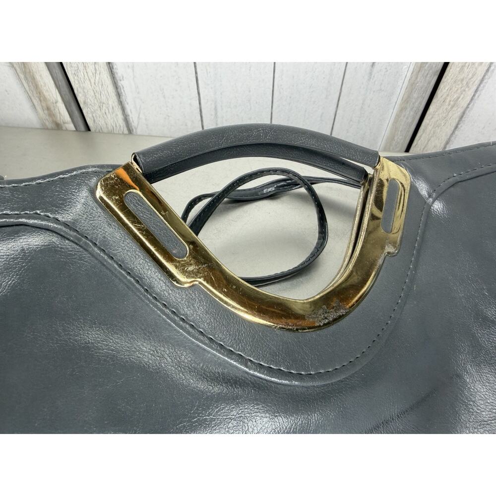 Vintage 70s Satchel Handbag Women Gray Faux Leather Purse Bag Top Handle - Picture 4 of 8